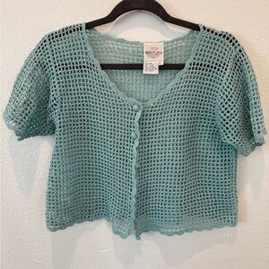 Bentley cropped crochet cardigan Size  M-12 teal green natural fiber